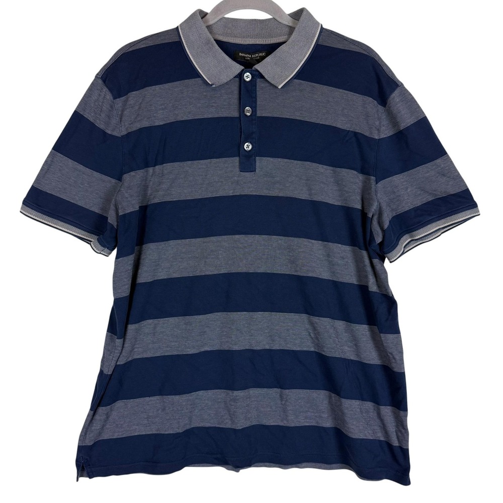Banana Republic Polo Shirt Mens XL Blue Gray Stripe Luxury Touch Cotton Casual
